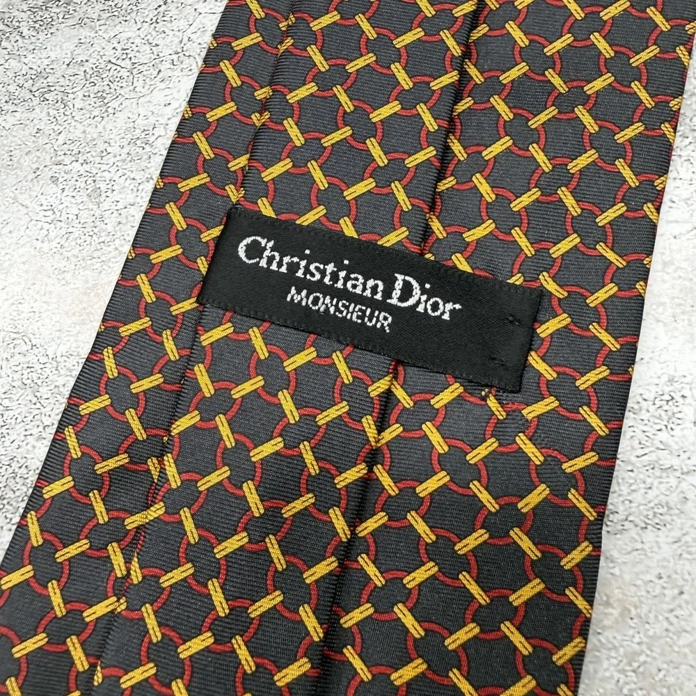 Christian Dior Silk Tie Mens One Size Black Geometric 100% Silk Made USA Necktie